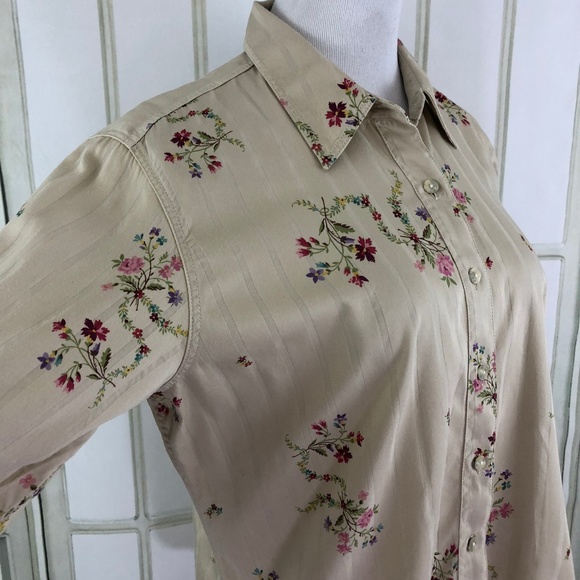 Button Down Tan Pink Floral Long Sleeve Career Top - Picture 8 of 8